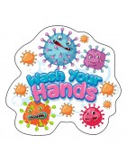 Free standing hand sanitising station is designed for kids, social distancing labels for kids and posters.